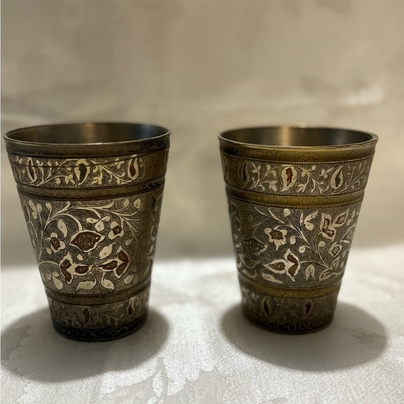 Antique Ornate Floral Metal Cups Set of 2 - Picture 1 of 8